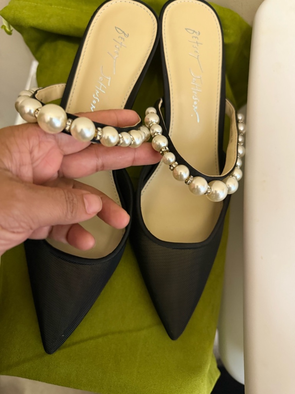 Betsey Johnson Black Pointed Mesh Mules with Pearl Strap - Picture 5 of 7